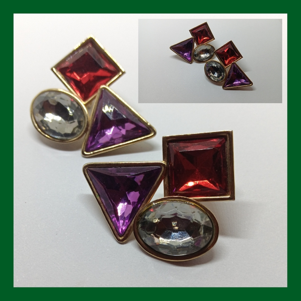 Geometric Red Purple Clear Goldtone Clip Earrings
